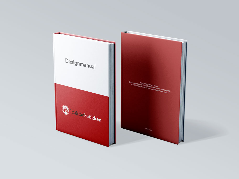 Designmanual for TraktorButikken — hvid og rød bog med logoet