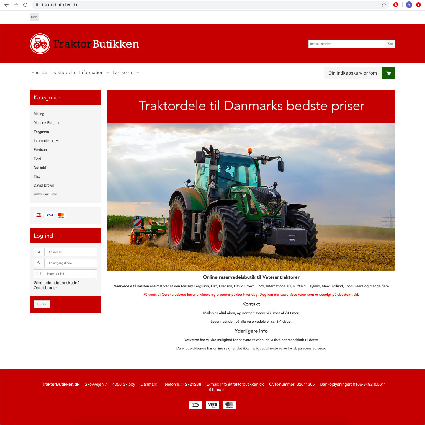 Forside for TraktorButikken.dk — rød header, kategorimeny og stor billede af traktor