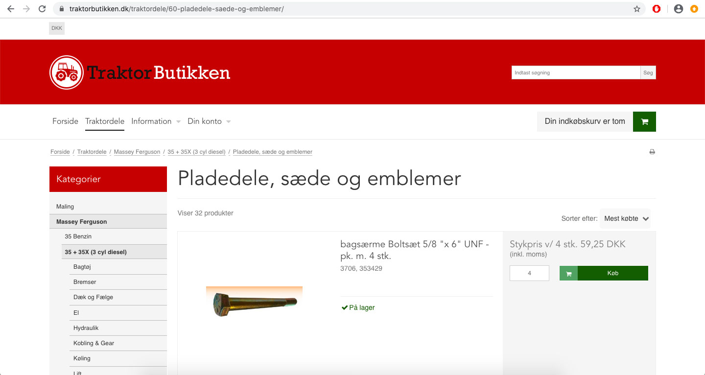 Produktliste for TraktorButikken med kategoritræ, søgning og købsknapper