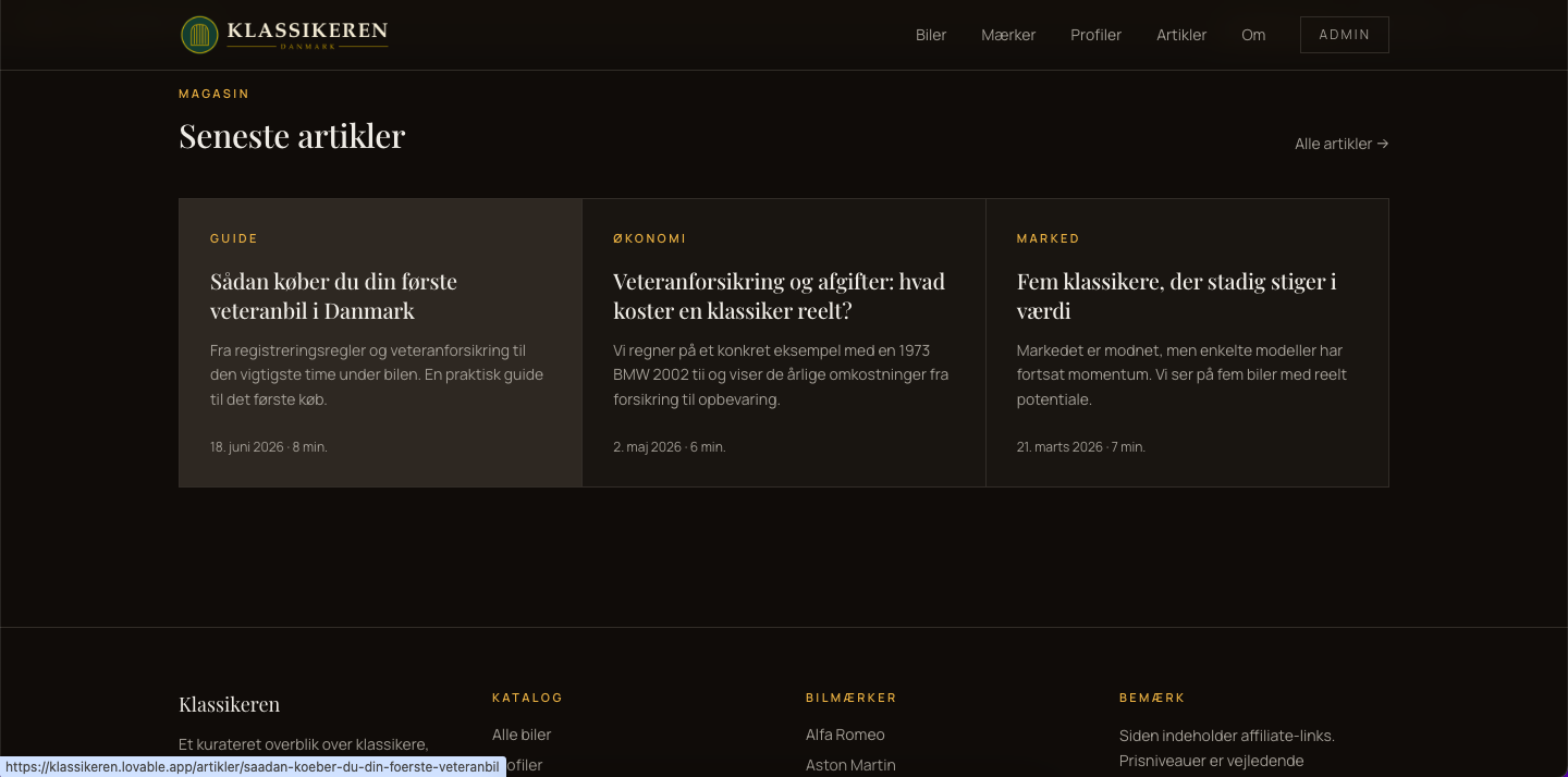 Artikeloversigt på Klassikeren — seneste artikler om veteranbiler og footer