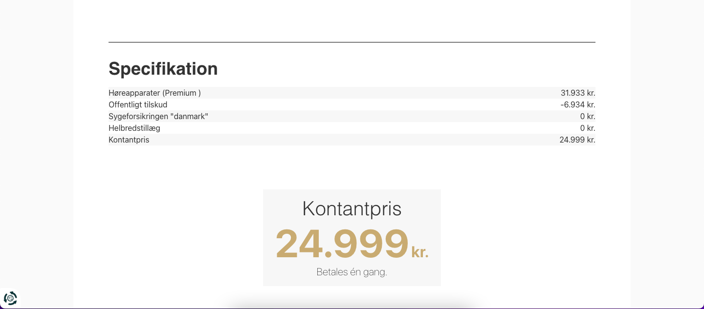 Specifikation af prisen med linjer for tilskud, rabatter og kontantpris