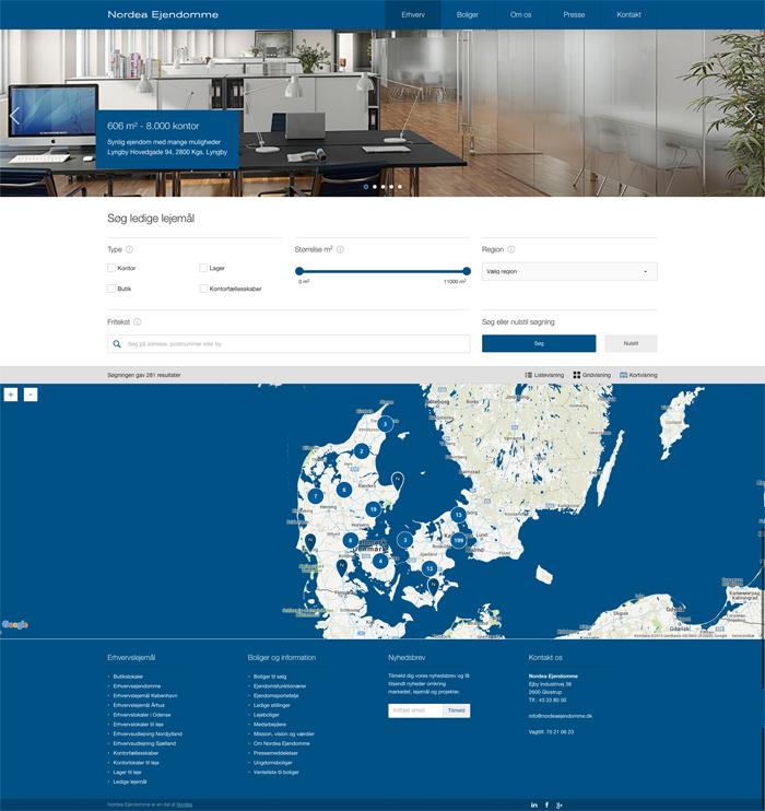Redesign af Nordea Ejendomme med søgning efter lejemål og kort
