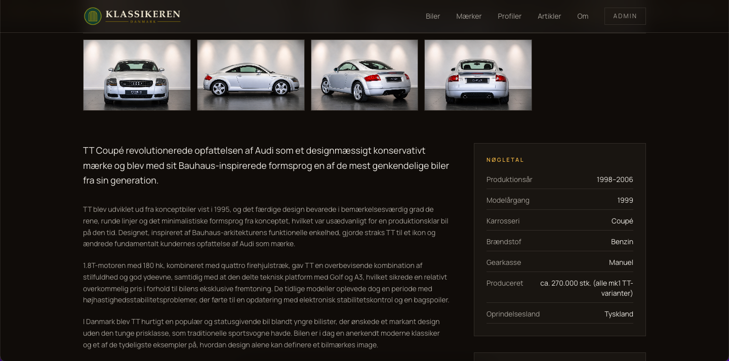 Bilprofil på Klassikeren — Audi TT med studiebilleder, nøgletal og beskrivende tekst