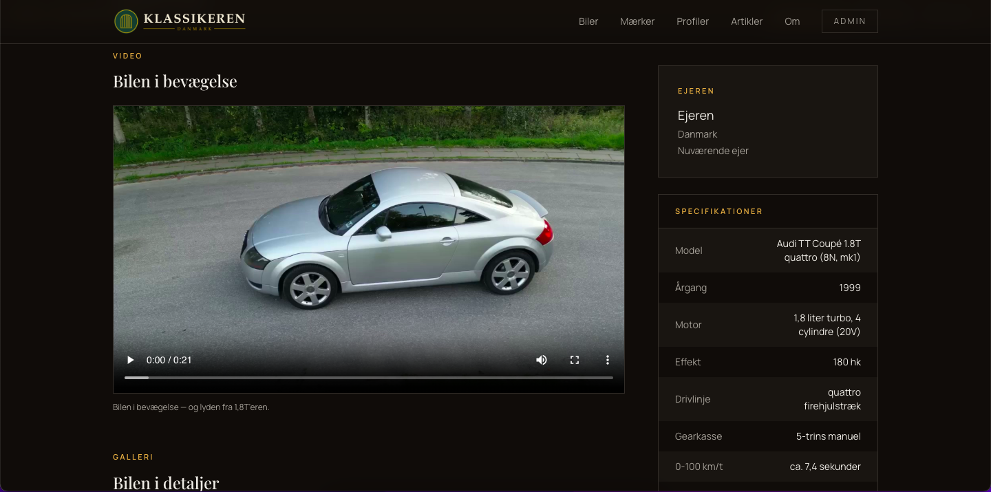 Videoafsnit på en bilprofil — Audi TT i bevægelse med afspiller