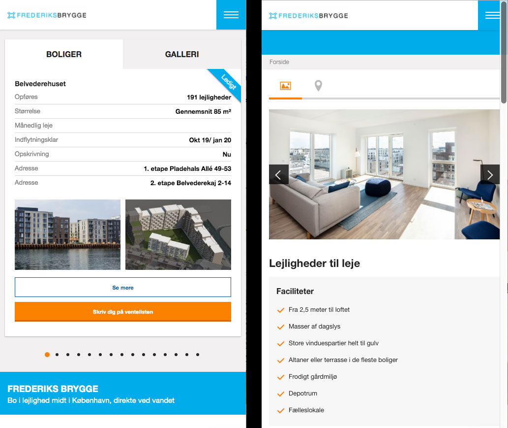 Frederiksbrygge på mobil — boligliste og galleri for en lejlighed