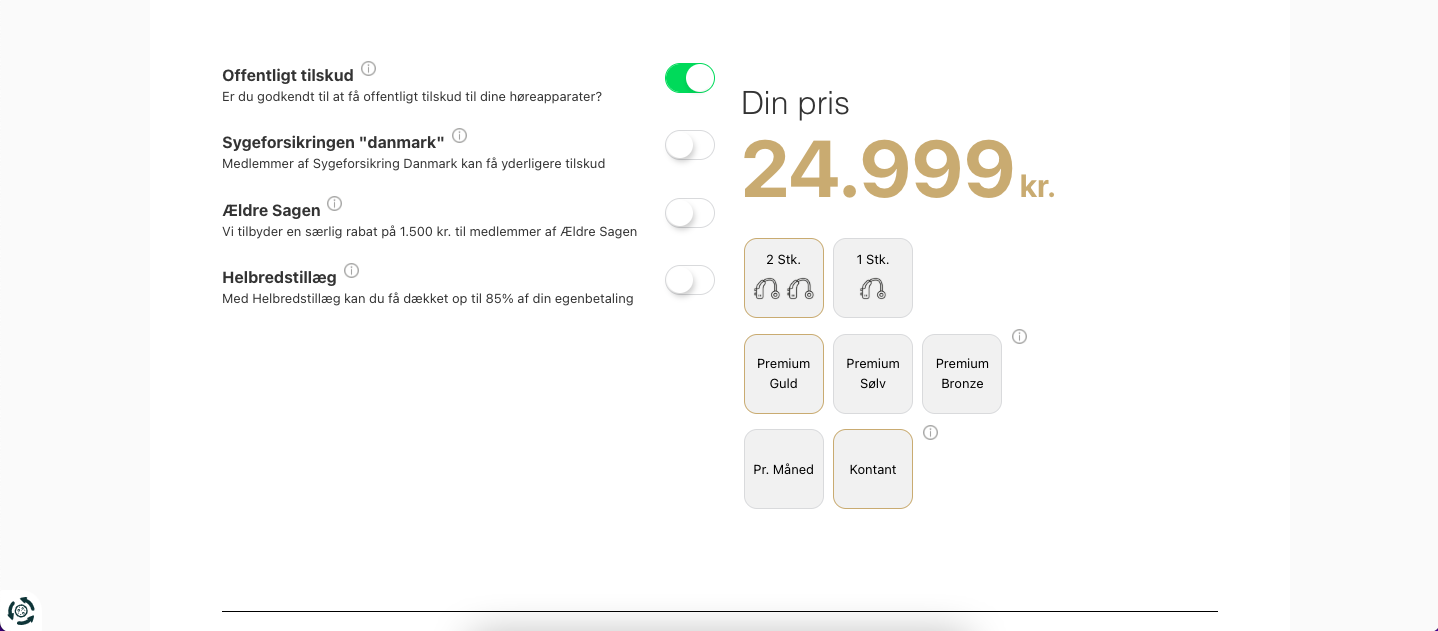 Prisberegner for høreapparater med tilskud, prisklasser og betalingsvalg
