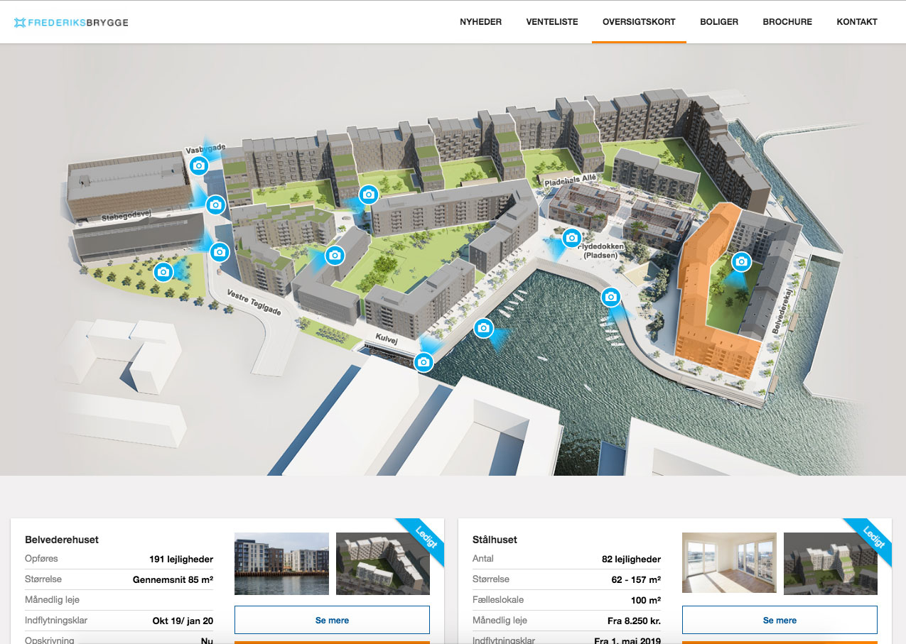 Frederiksbrygge på desktop med oversigtskort over boligprojektet