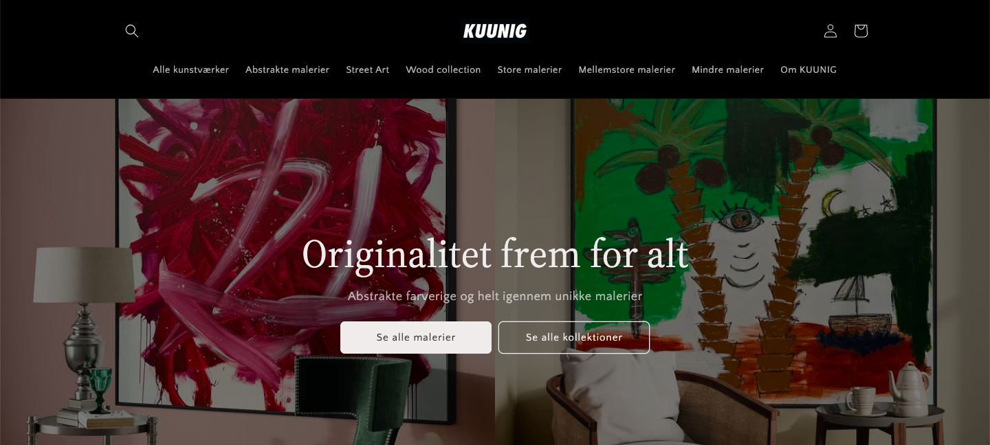 Forside for KUUNIG — webshop med originale malerier